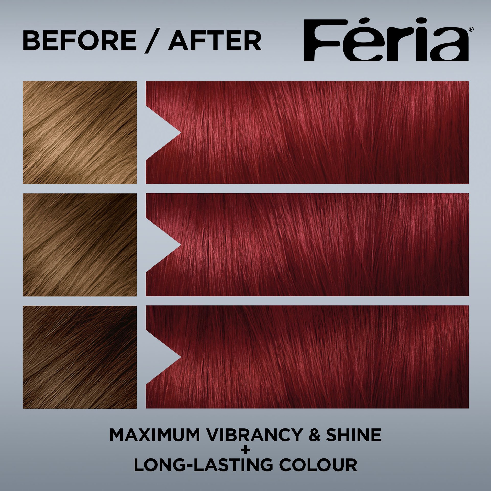 Hair before and after using Feria M62 Cool Rich Red